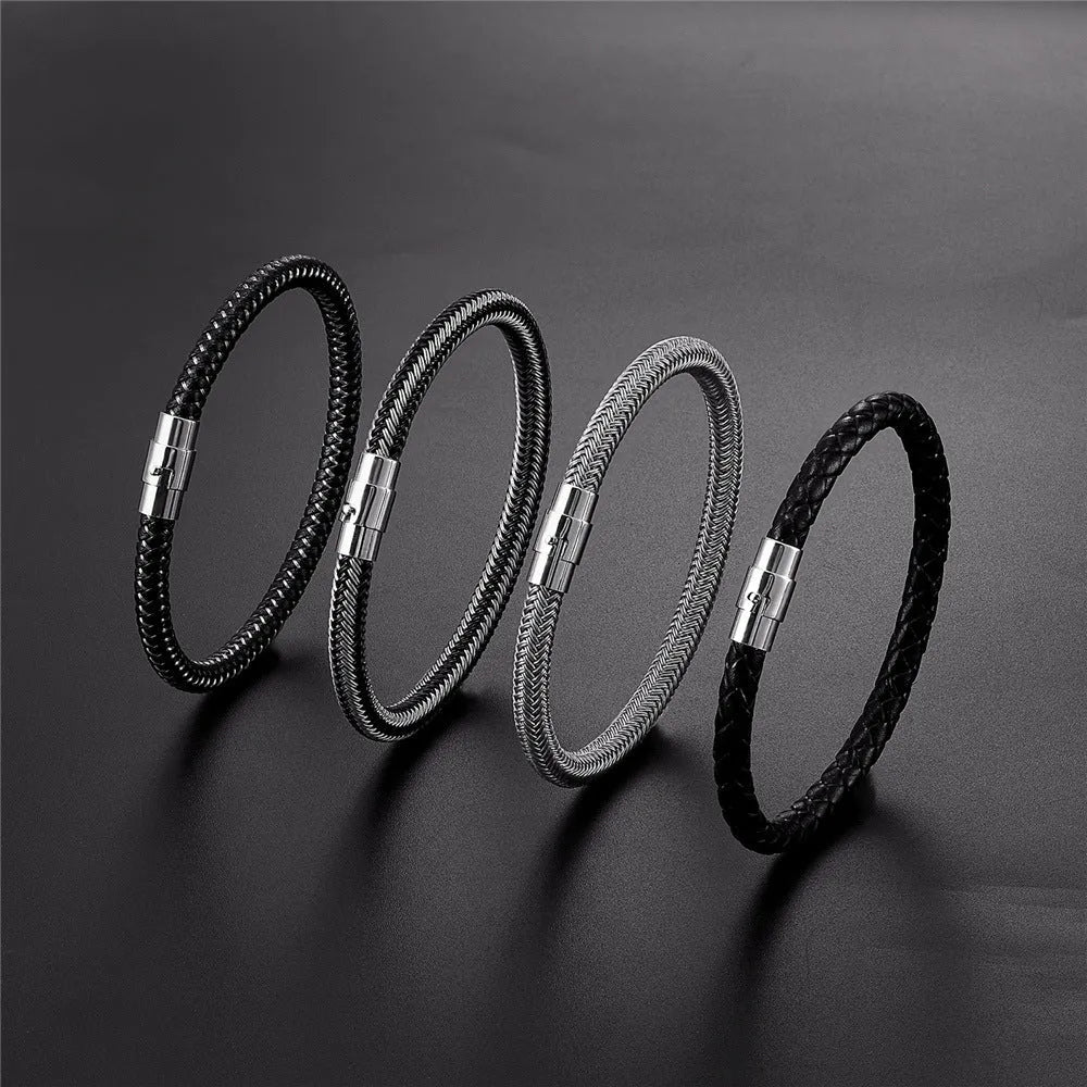 Titanium steel wire bracelet with magnetic clasp in a geometric line design on a wrist.