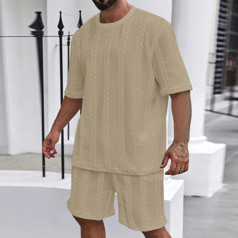 Men's knitted jacquard short sleeve pullover and matching shorts summer set on a hanger