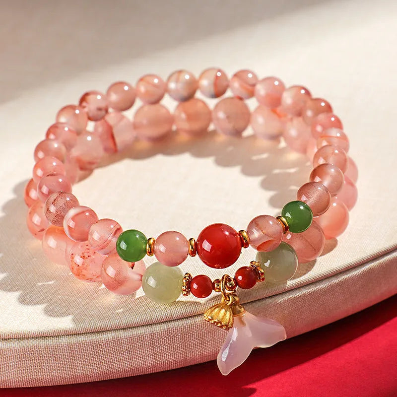 Women's ice floating south red white agate fishtail bracelet with butterfly orchid jade elements