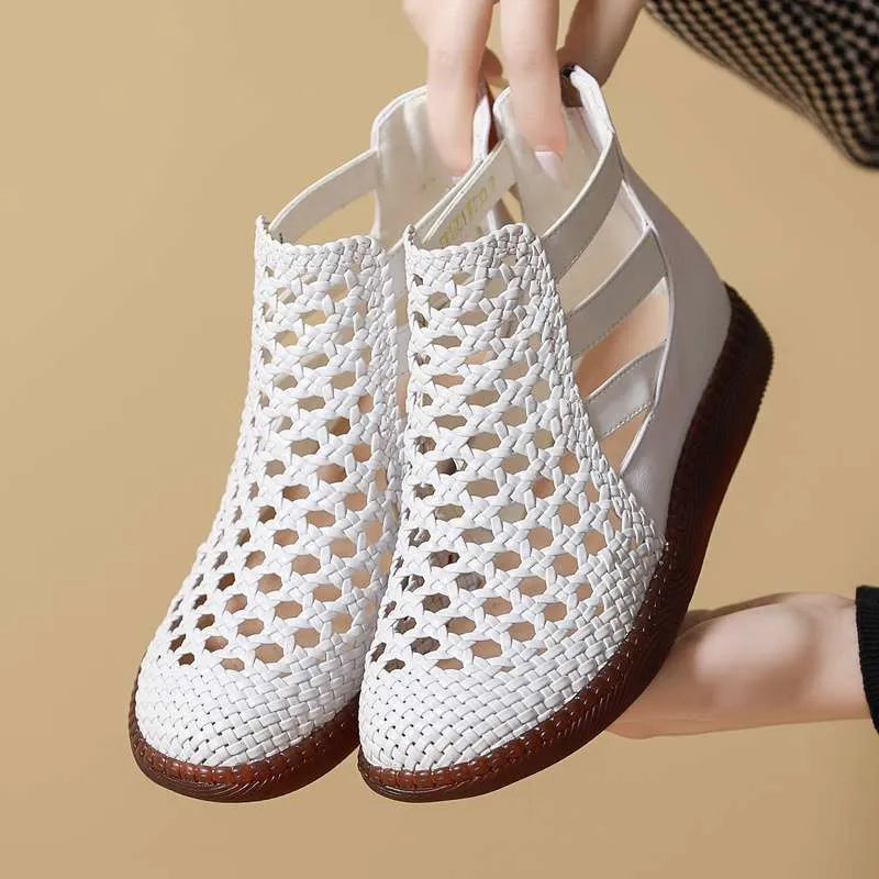 Gold women's flat sandals with breathable hollow-out pattern and soft TPR sole.