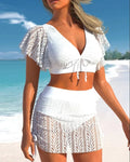Solid colour high-waist skirt swimsuit for women, nylon fabric, sleeveless, with bra and pants
