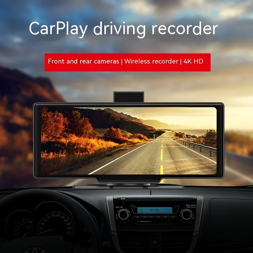 10.26-inch wireless CarPlay car recorder with capacitive touch screen in black housing