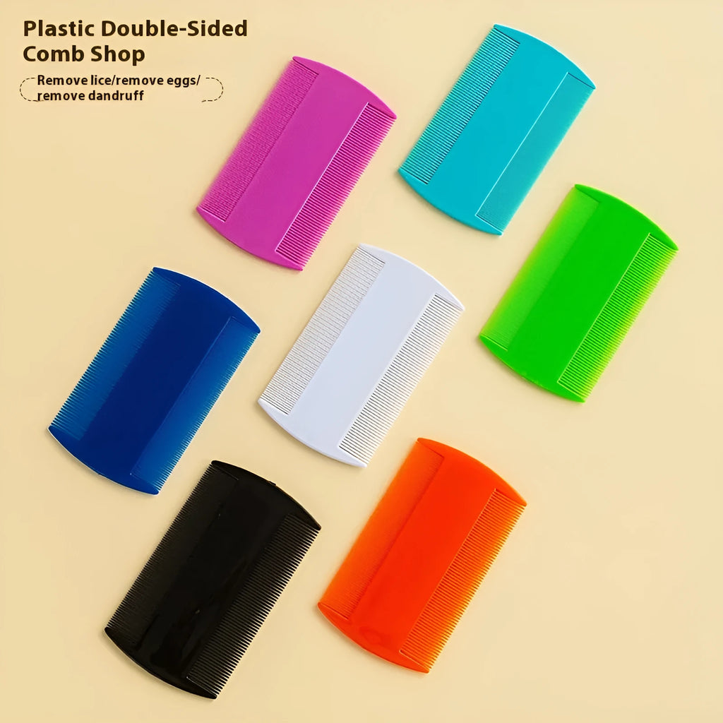 Plastic double-sided fine tooth flea comb on white background showing two combing edges.