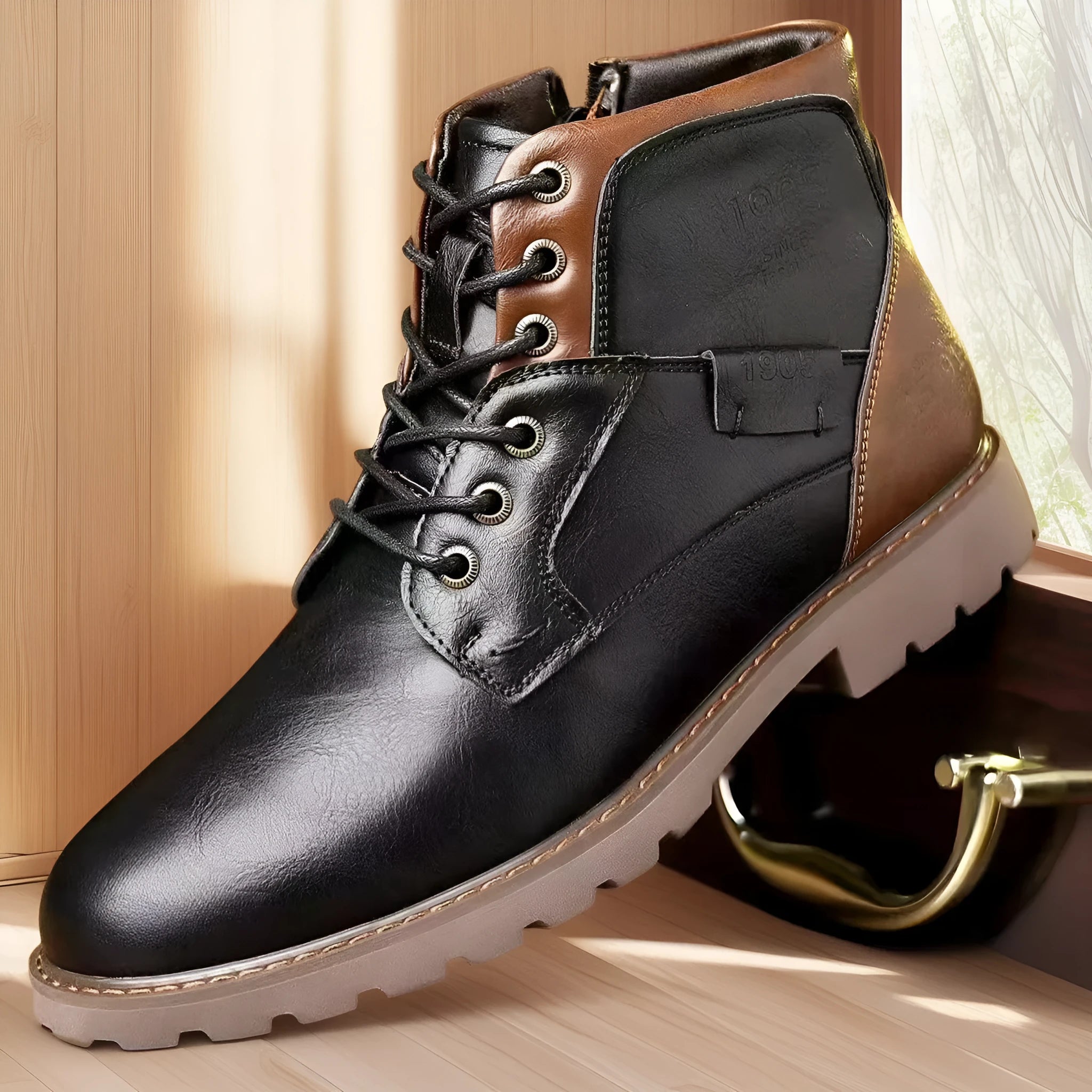 Men's brown and black side-zip Martin ankle boots with round toe and rubber soles