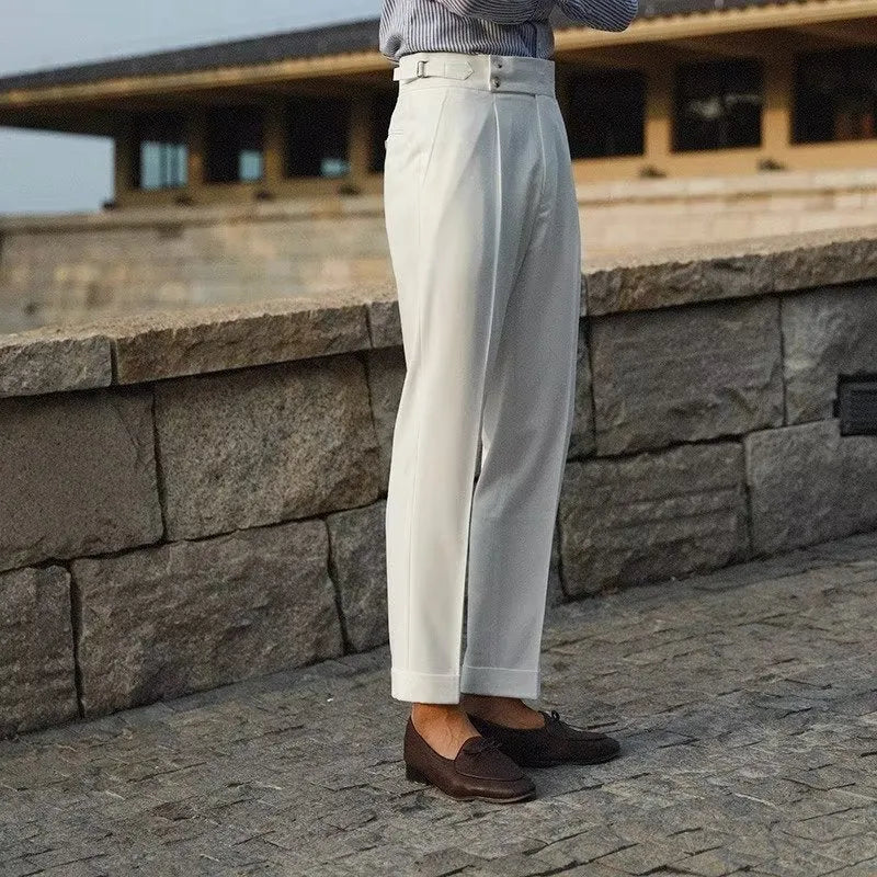 Men's slim fit straight leg suit trousers in apricot, black or white colours.