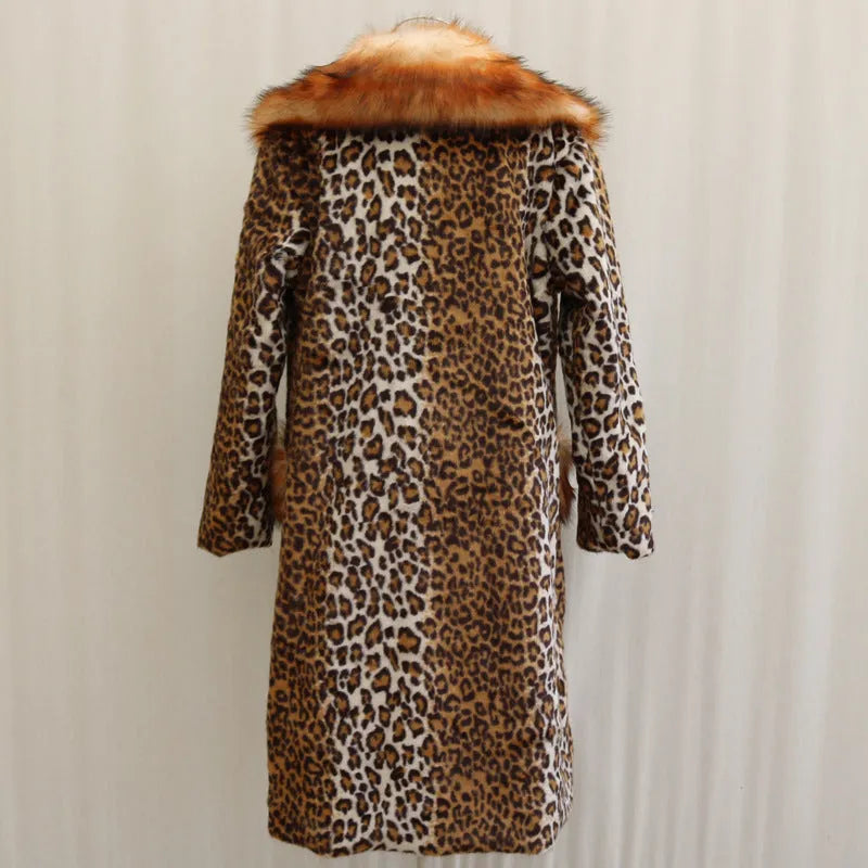 Women's long leopard print artificial fur jacket with regular sleeves, shown on a model.