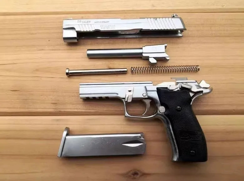 Alloy Empire Sigsauer P226 model toy gun in black metal finish on display stand