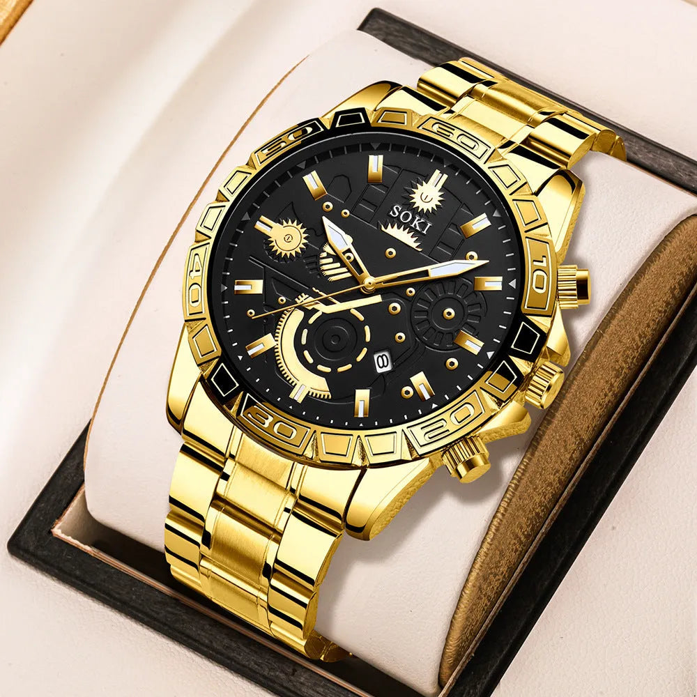 Gold men's stainless steel business wristwatch with calendar display on a metal strap.