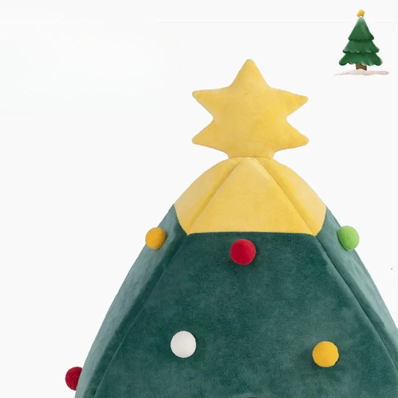 Red Christmas tree shaped plush cave bed for cats and small dogs on a wooden floor.