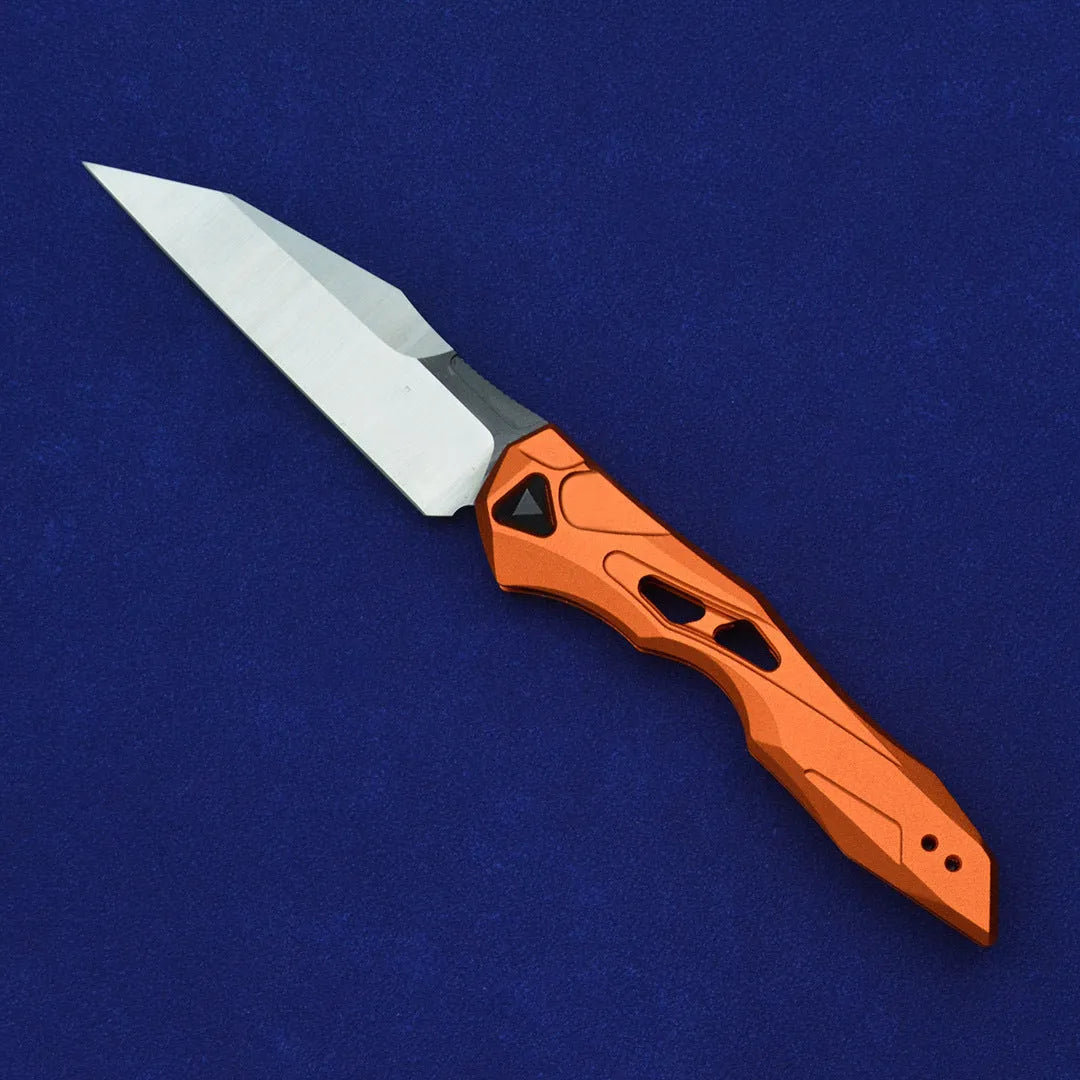 Black folding fruit knife with D2 steel blade and aluminium handle for camping