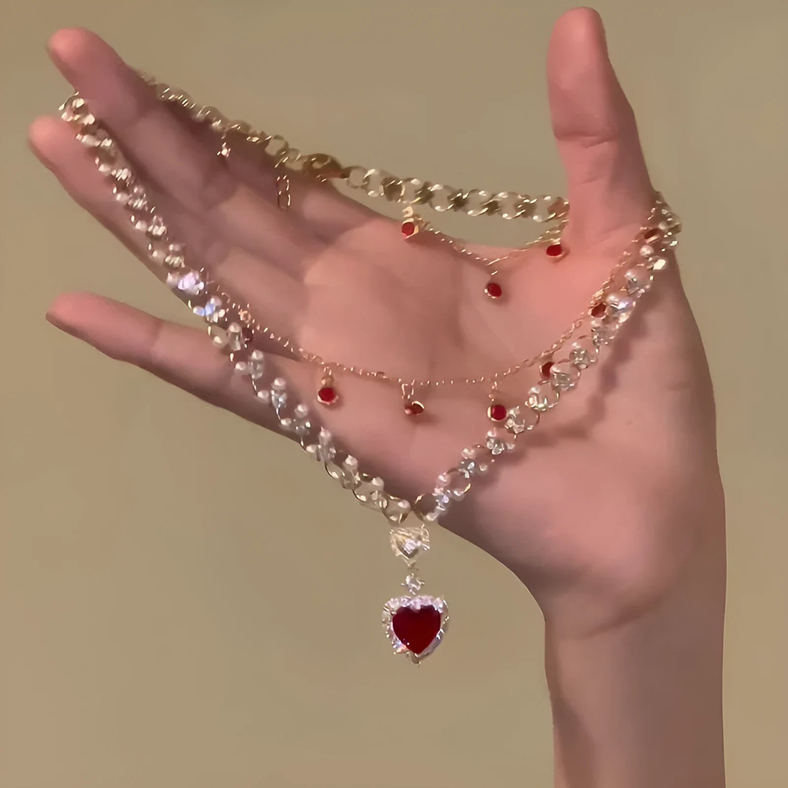 Red love heart pendant on double layer adjustable alloy necklace