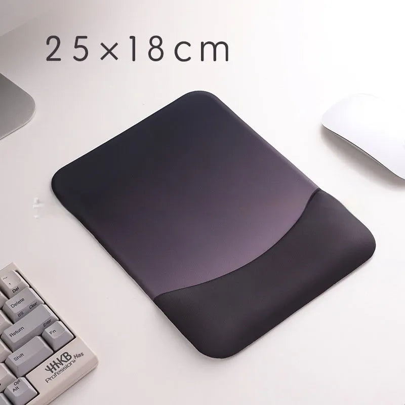 Square silica gel wrist rest mouse pad with cloth top in a choice of colours on a desk.