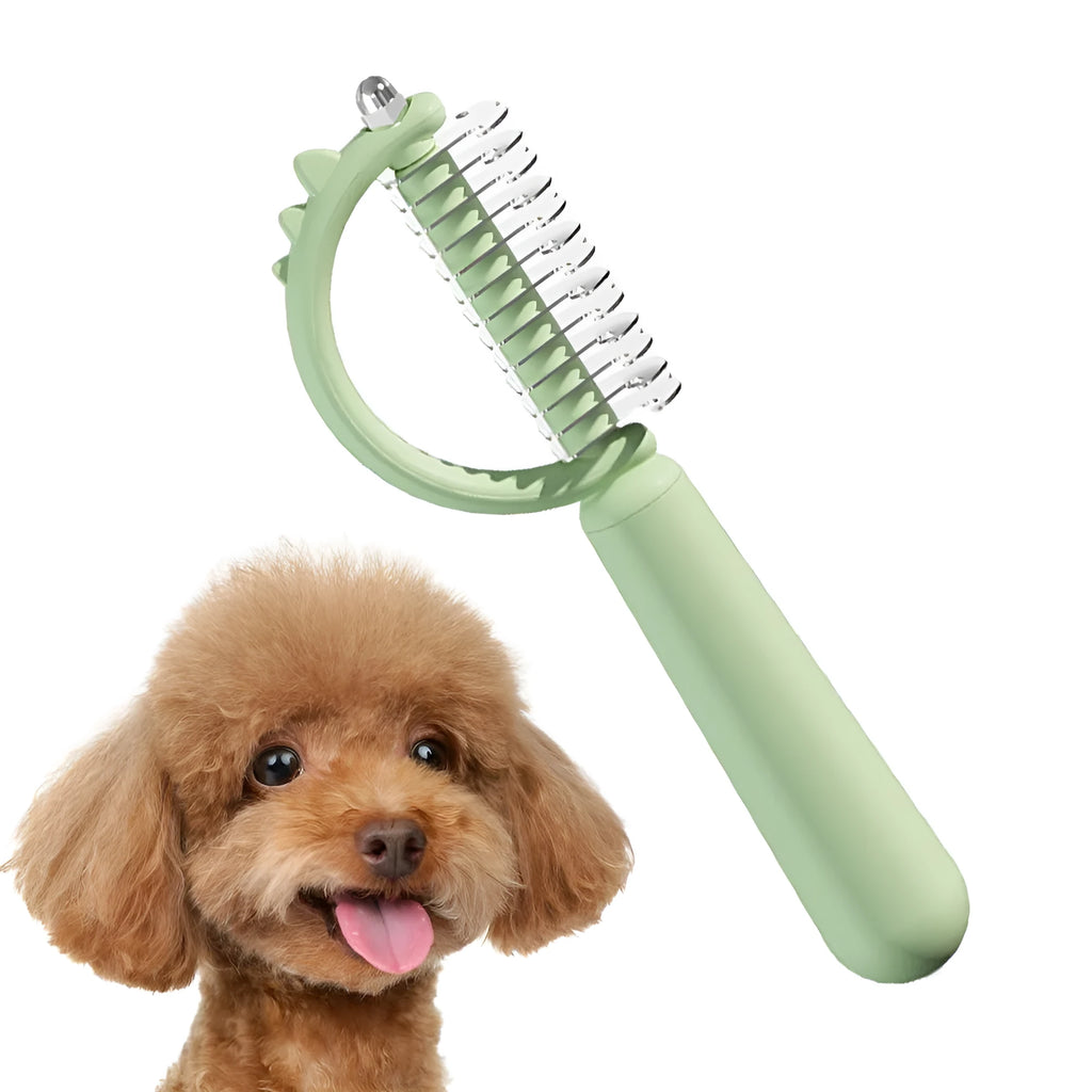 Dinosaur-shaped self-cleaning cat brush with double-sided stainless steel pins on blue handle