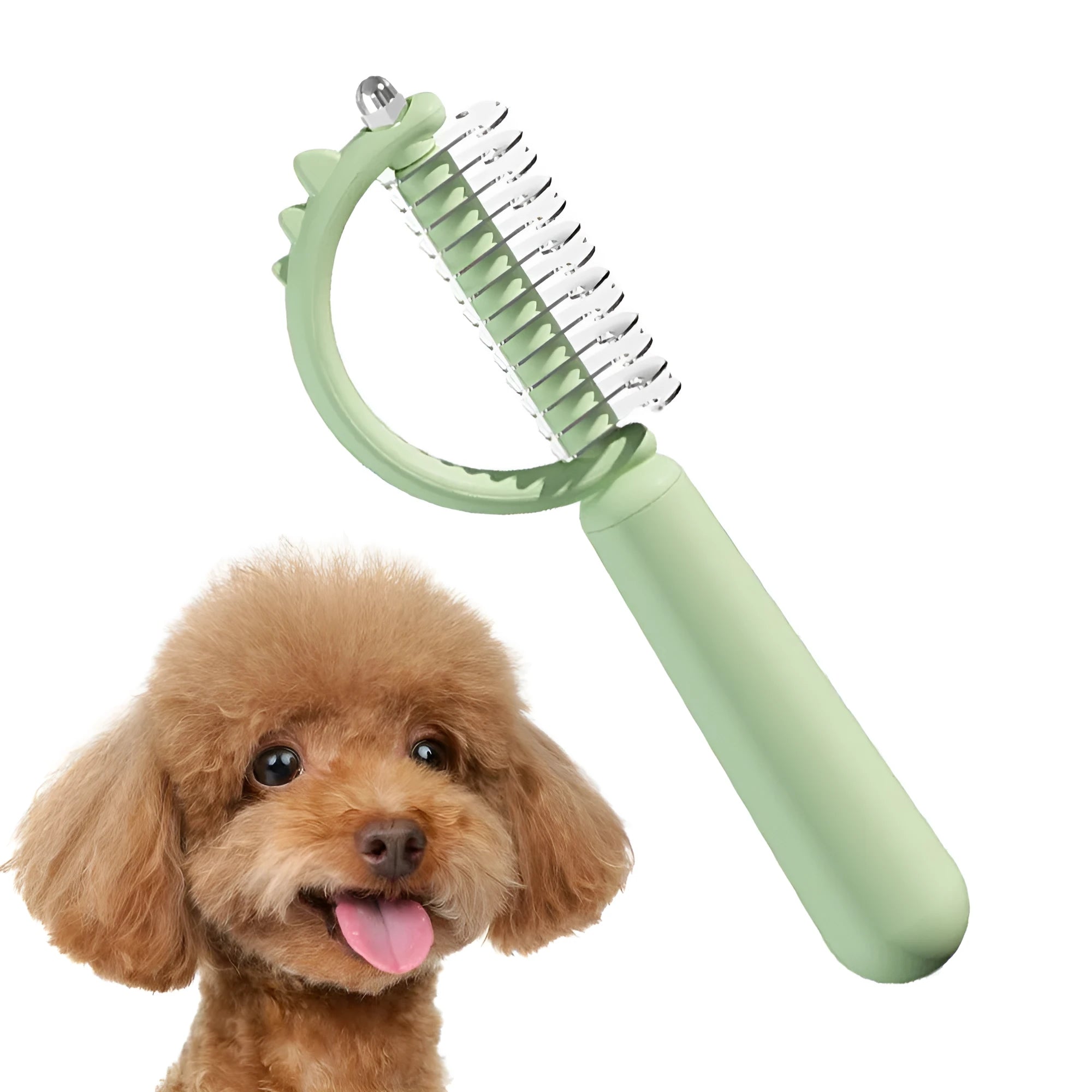 Dinosaur-shaped self-cleaning cat brush with double-sided stainless steel pins on blue handle