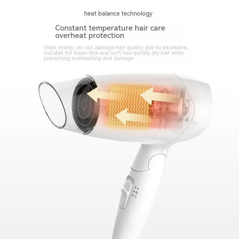 Moon White compact 1400W portable hair dryer with 150cm cord and air outlet on neutral background