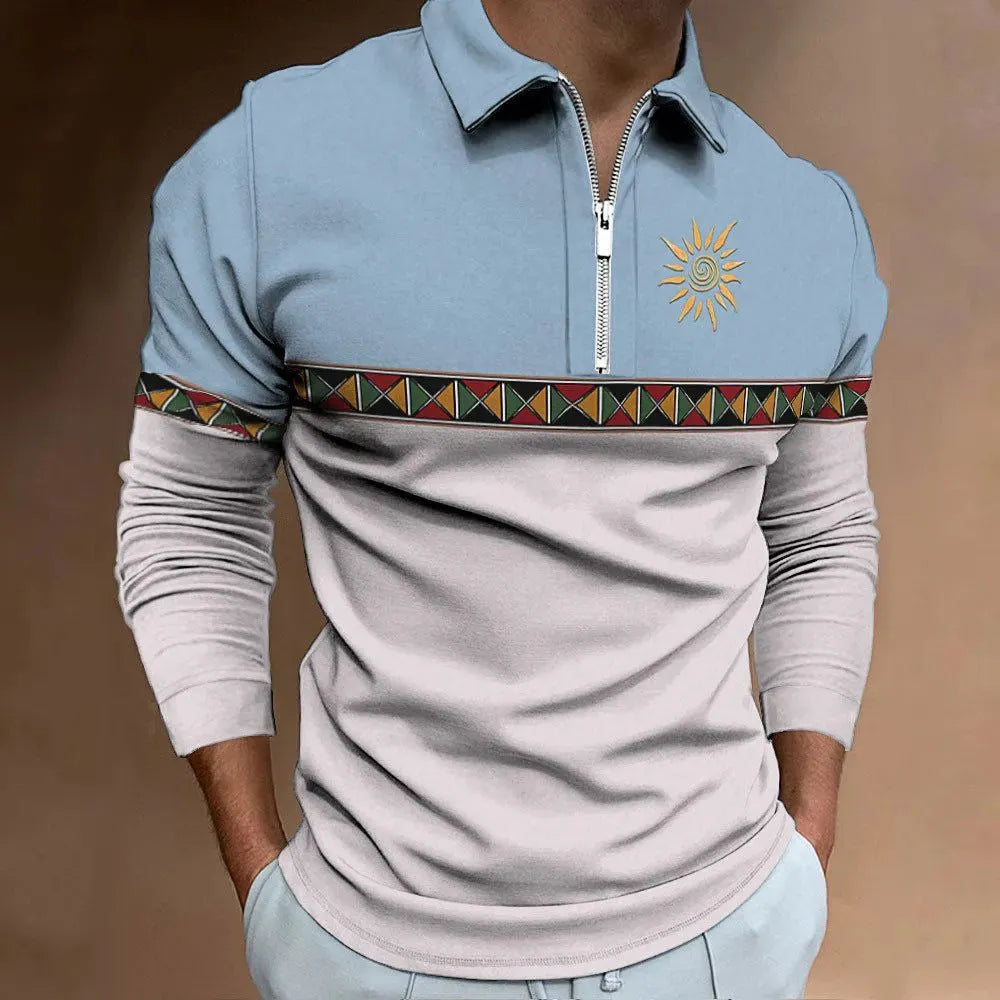 Men's retro colour print casual golf top with zipper decorations and striped pattern on loose-fit long sleeve
