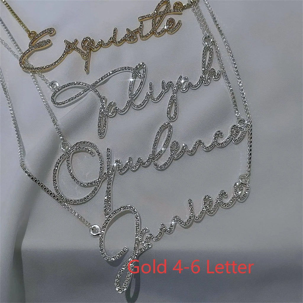 Stainless steel name necklace with diamond-studded English letters on an adjustable chain in gold, rose gold, or silver.
