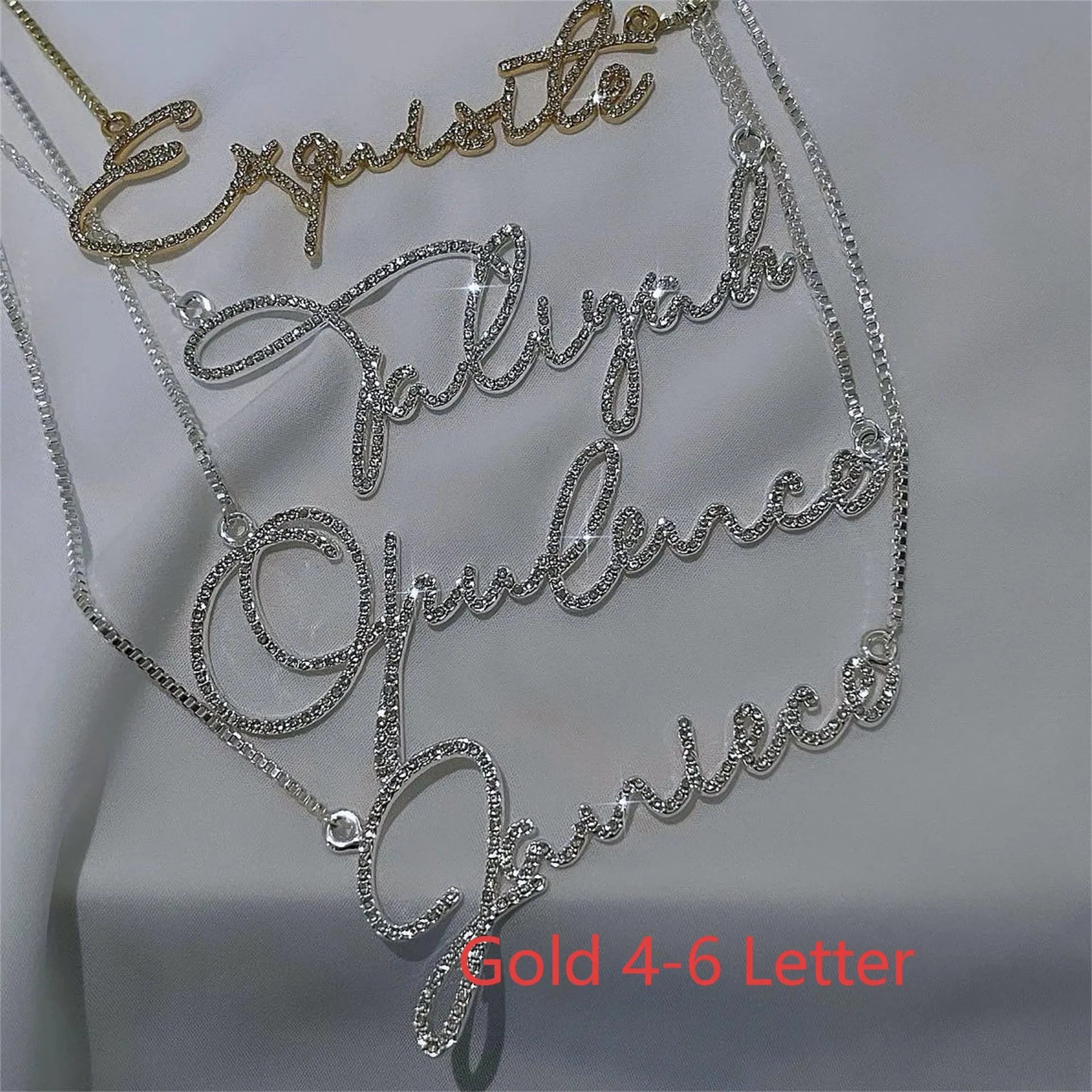 Stainless steel name necklace with diamond-studded English letters on an adjustable chain in gold, rose gold, or silver.