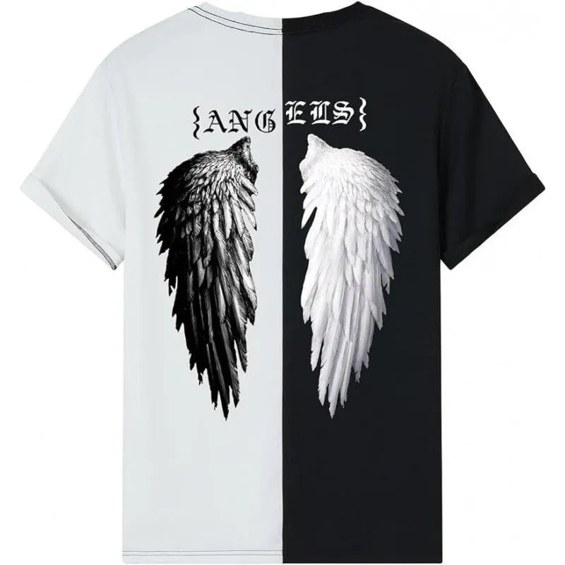 Men's short-sleeved printed streetwear T-shirt on a hanger, showing digital pattern design.