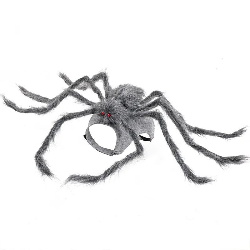 A grey and black spider costume for a small dog, shown from the side.