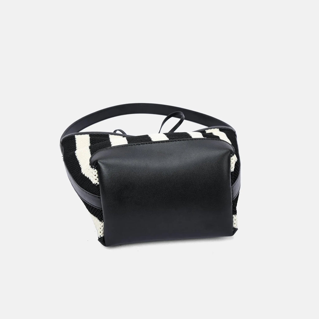 Black and white stripes woven fabric women's shoulder bag with bucket shape