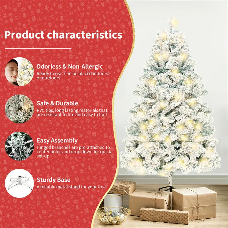PVC artificial snow-covered Christmas tree on a metal stand, shown in green and white colour.