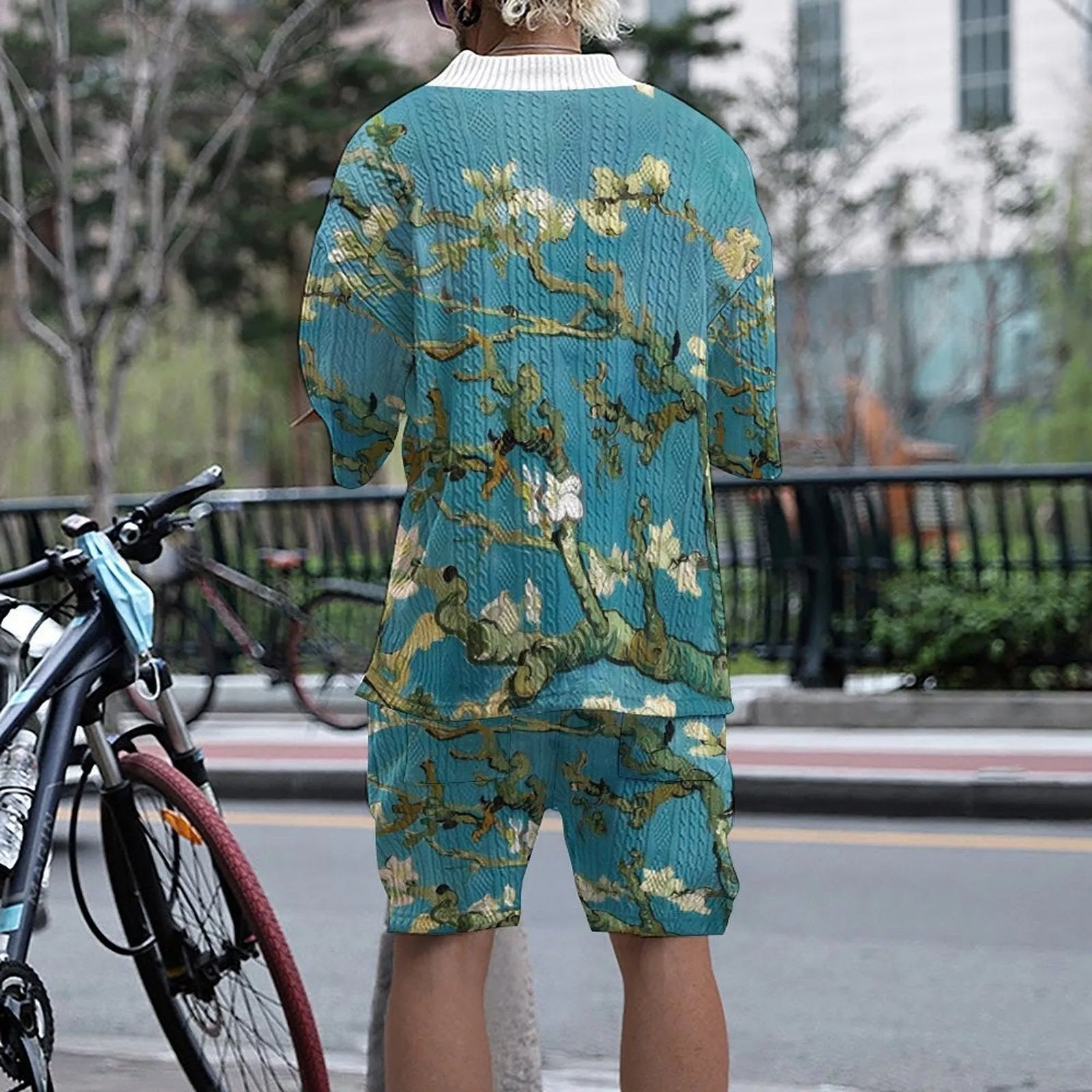 Men's peacock blue 3D printed casual suit with knitted shorts and matching T-shirt top