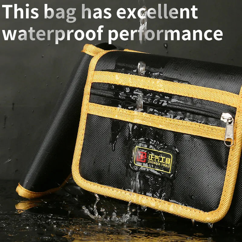 Yellow canvas electrician tool kit waist bag with multi-function storage pockets and belt loop