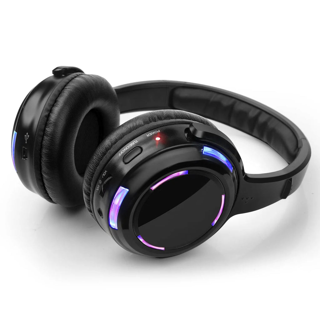 Black silent disco wireless headphones with 40mm drivers and a 3.5mm plug on a 3-metre cable.