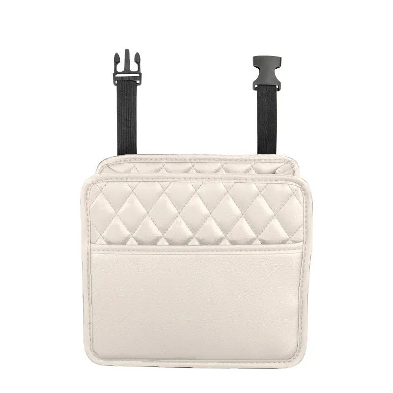 Black leather car hanging storage bag measuring 25cm by 25cm