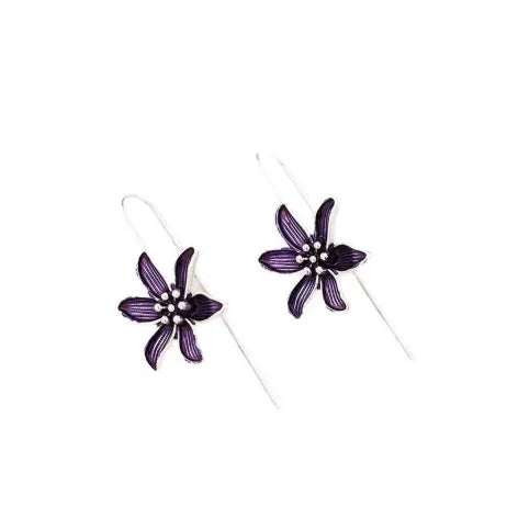 Purple retro flower alloy drop earrings with electroplated finish and butterfly clutch closure