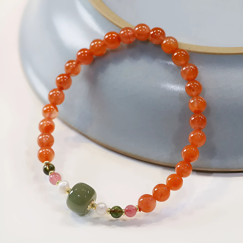 Women's retro ethnic bracelet made from round South Red Agate beads.