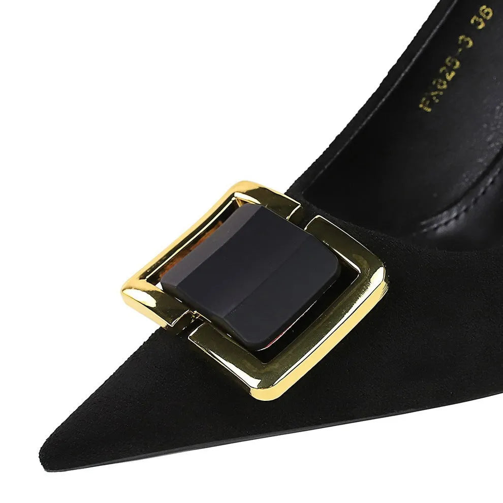 Black suede women's stiletto high heels with a pointed toe and a 9cm heel.