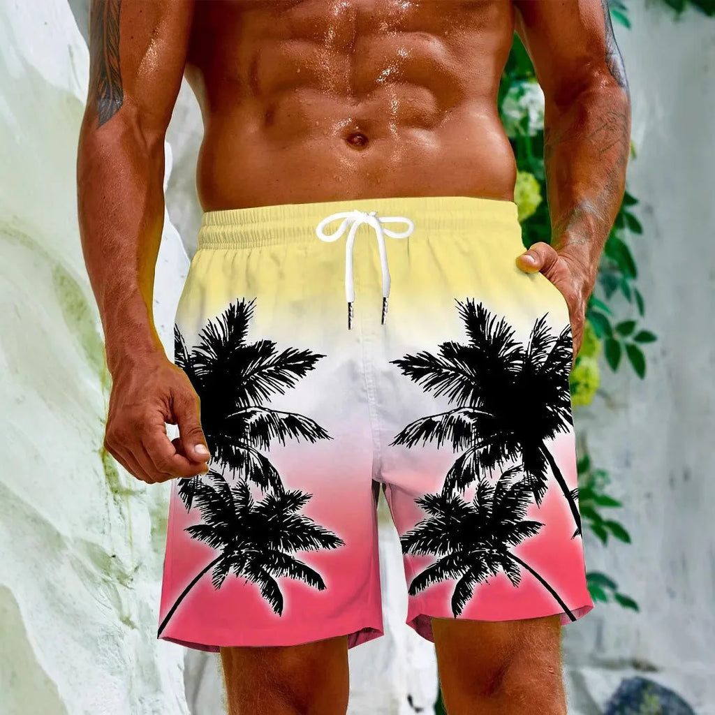 Man's blue 3D print micro-elastic swimming trunks on a white background