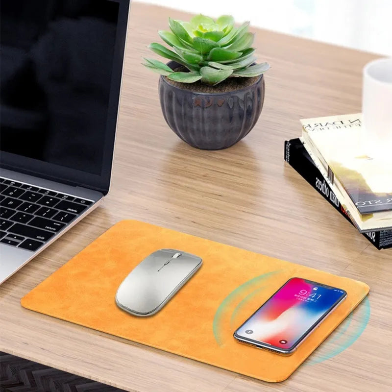 Brown leather-look mouse pad with integrated wireless fast charging area.
