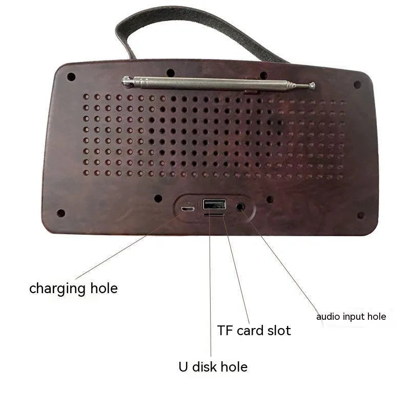 Portable rechargeable stereo dual channel radio with pointer tuning, USB interface, and built-in speaker, 190x95x67mm