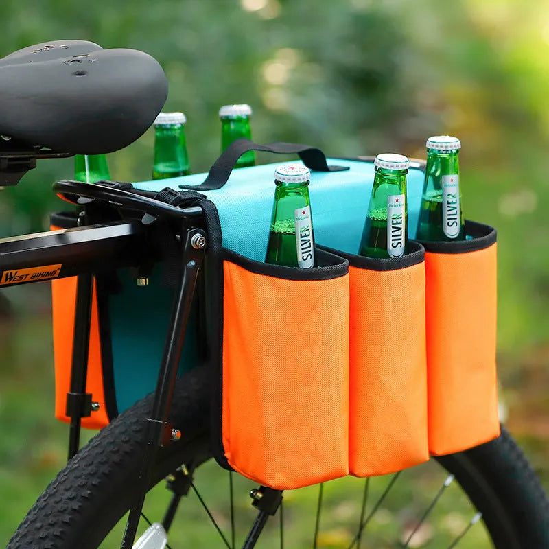 Black and orange bicycle double-sided beverage shelf bag with 2L capacity mounted on bike frame