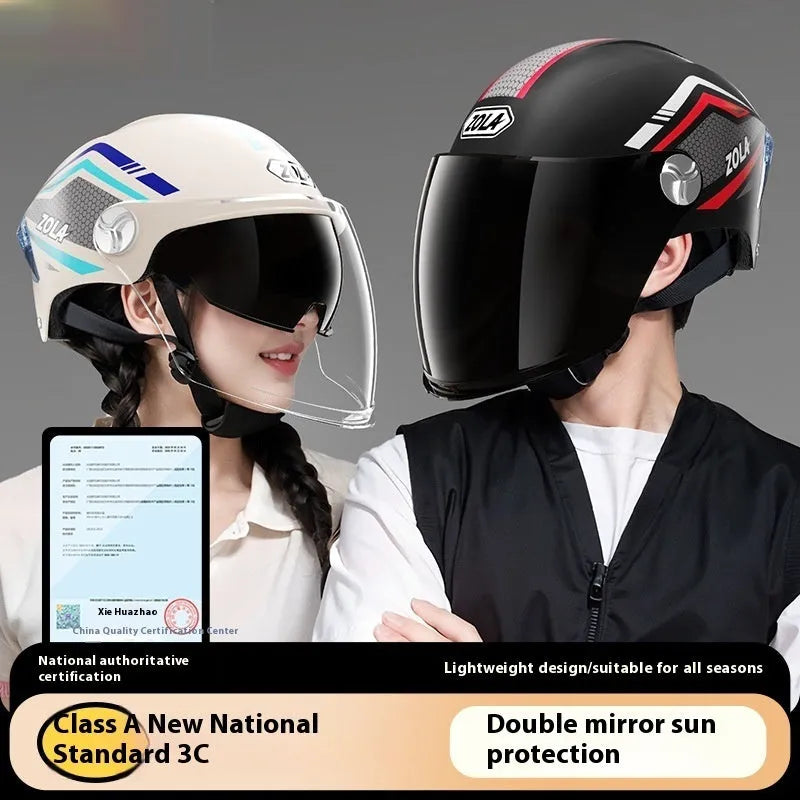 Child's lightweight ABS half helmet with a double mirror sun visor, shown in a light brown colour variant.