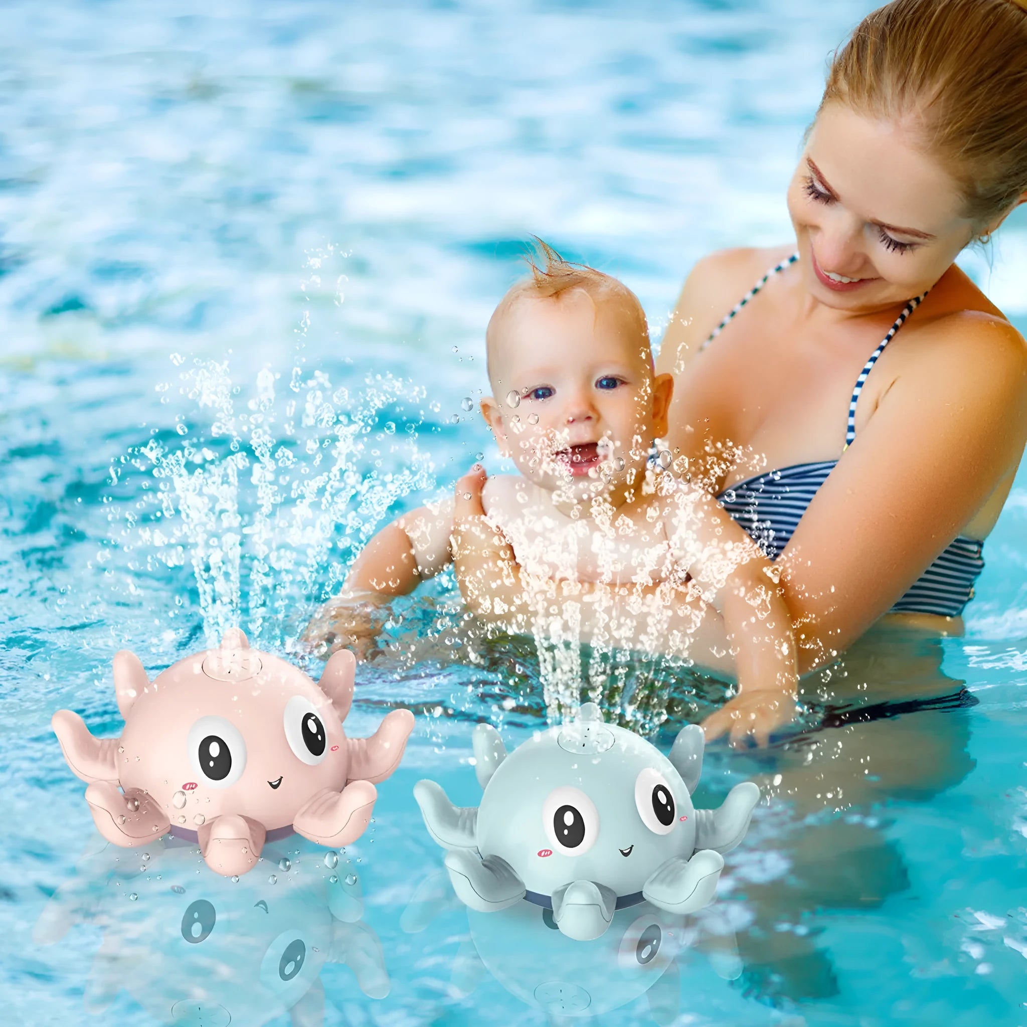 Automatic water spray bath toy with flashing lights in pink or blue colour for children's bath time