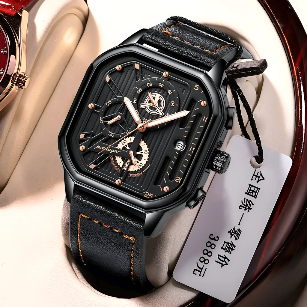 Men's black and gold belt-style quartz sports watch on wrist, 8mm thick