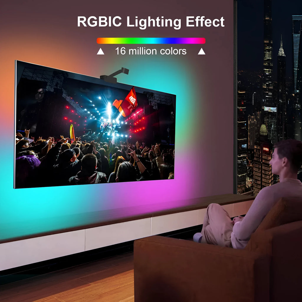 Black smart LED light strip with camera controller for TV backlighting, shown with remote and smartphone app interface.