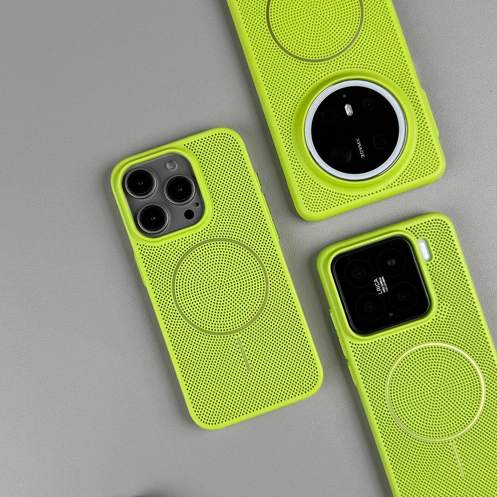 Frosted magnetic iPhone case in blue showing heat dissipation design and shockproof construction