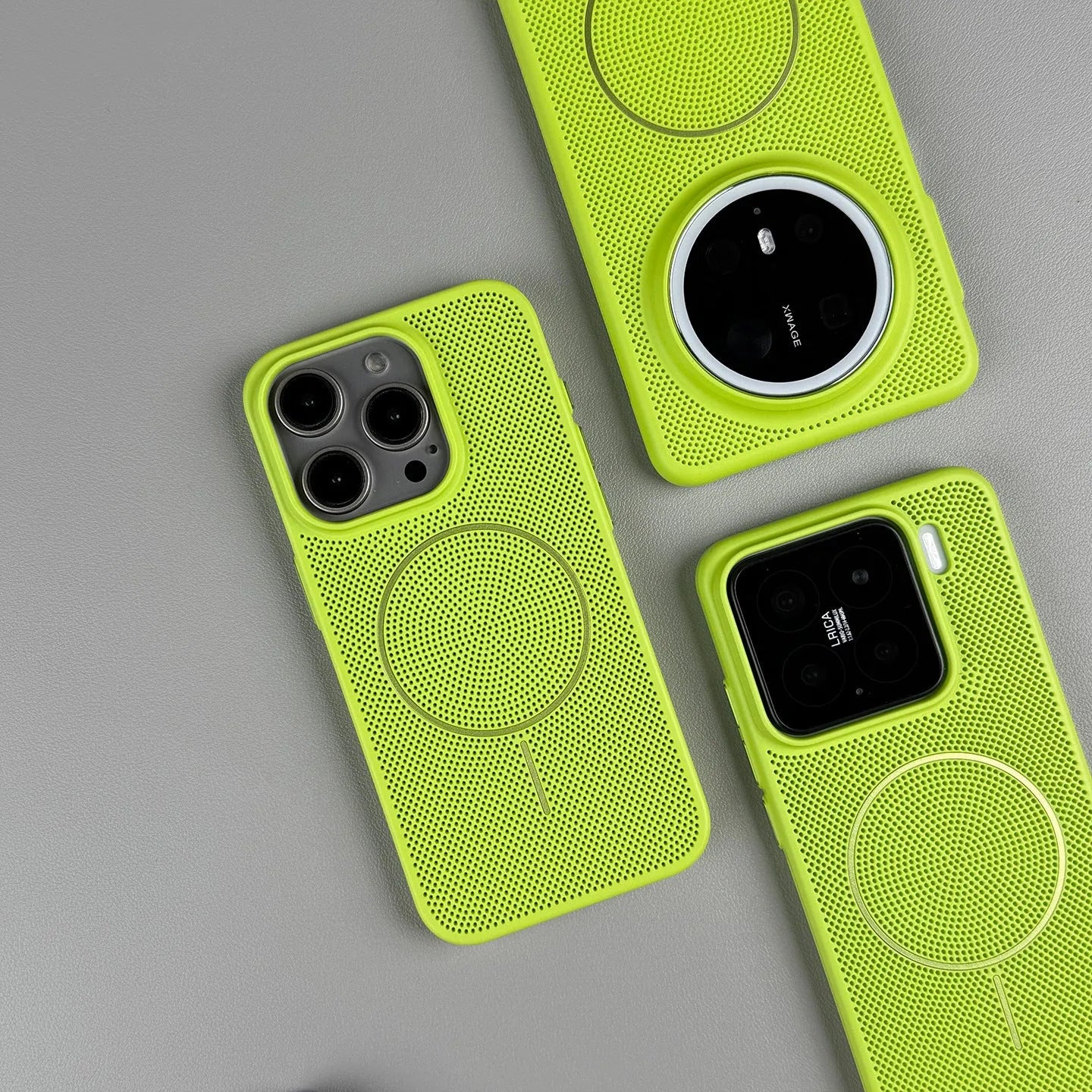 Frosted magnetic iPhone case in blue showing heat dissipation design and shockproof construction