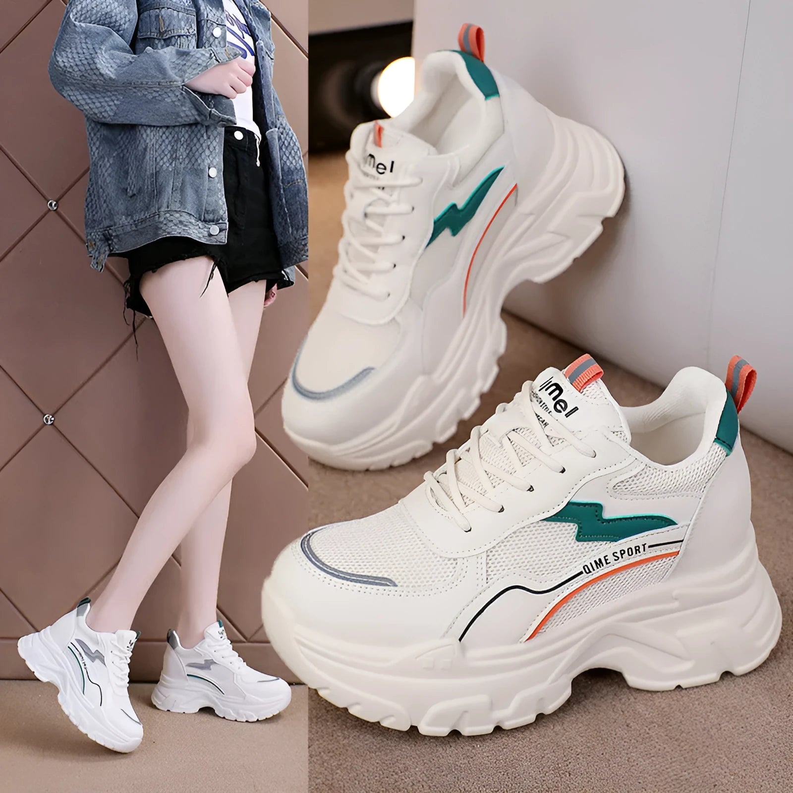 Women's white and beige height-increasing dad shoes with cross straps and lace-up front.