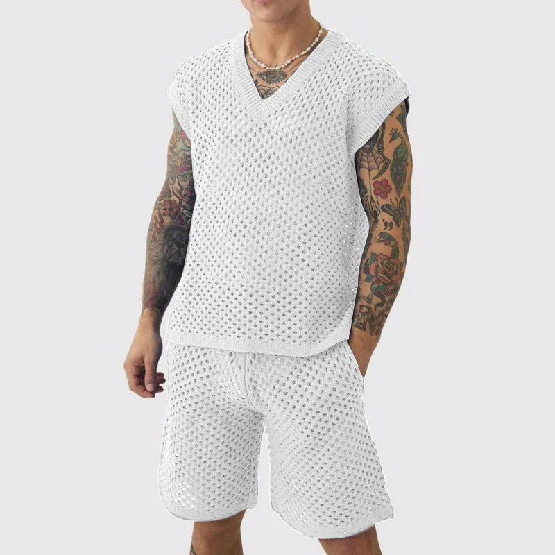 Men's blue V-neck vest and matching shorts sports suit set on hanger