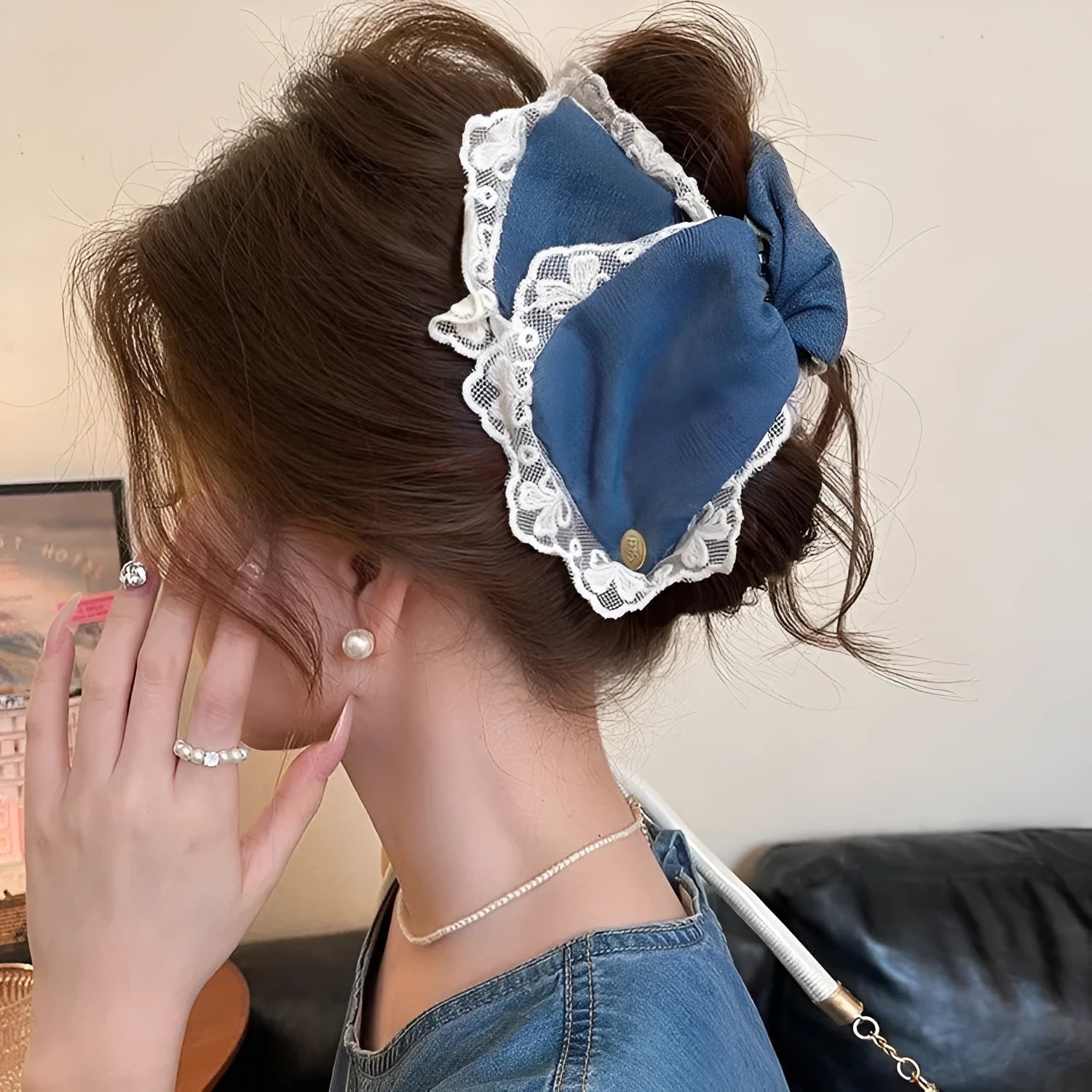 Handmade denim bow triangle hair accessory with fabric and acrylic decoration on plastic hairpin