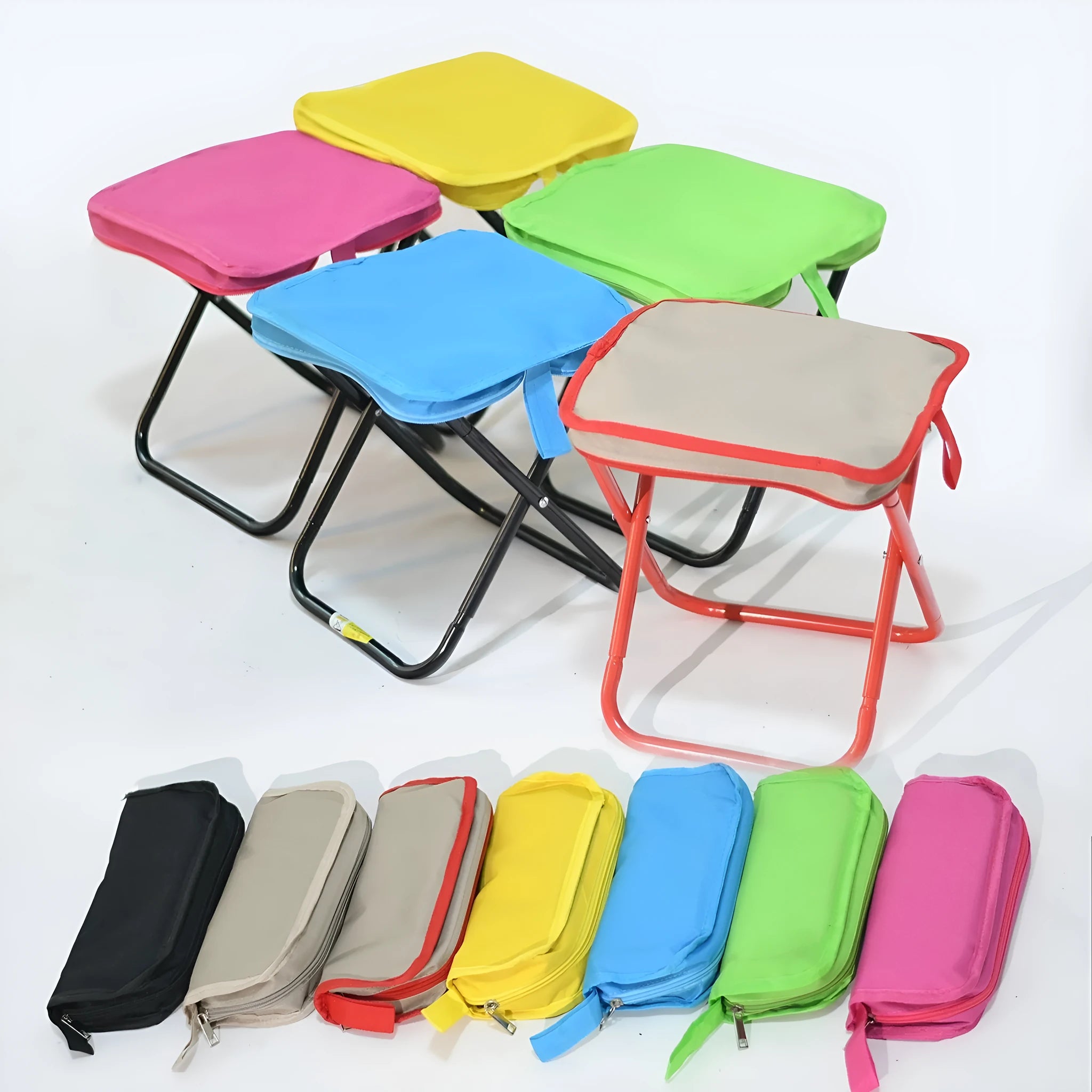 Lightweight foldable outdoor camp stool in khaki colour, shown in folded and unfolded positions.