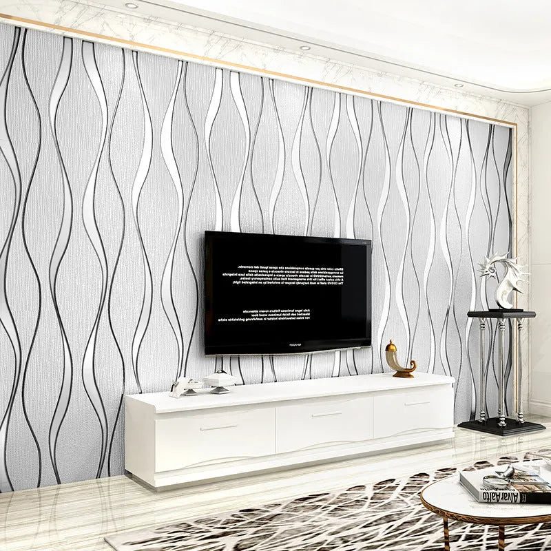 Close-up of curve stripe pattern on textured velvet wallpaper in dark brown, showing 3D effect.