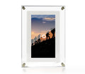 White acrylic digital picture frame showing family photos on a 5-inch vertical screen