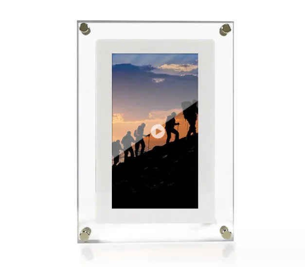 White acrylic digital picture frame showing family photos on a 5-inch vertical screen
